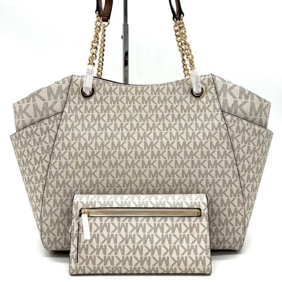 Michael Kors Large Jet Set Travel Chain Shoulder Bag & Trifold Wallet Vanilla - Picture 5 of 14